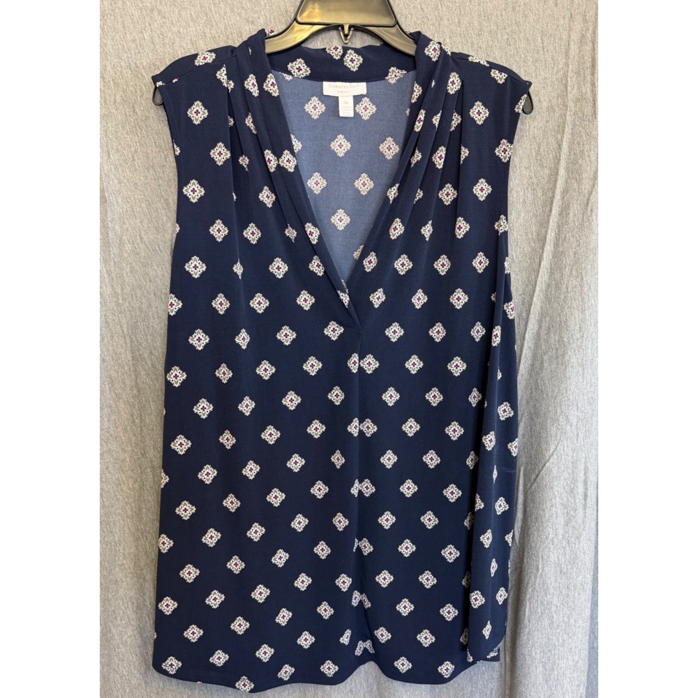 Charter Club Sleeveless V-Neck Blouse Navy Medallion Print Womens 3X Office